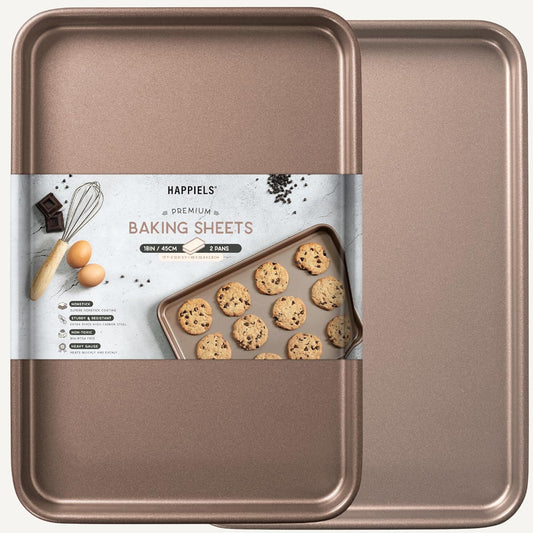 HAPPIELS Nonstick Non-Toxic 18-inch Half Baking Sheet 2-Pack | Premium Extra Thick Sheet Pan | Warp Resistant Large Cookie Sheet