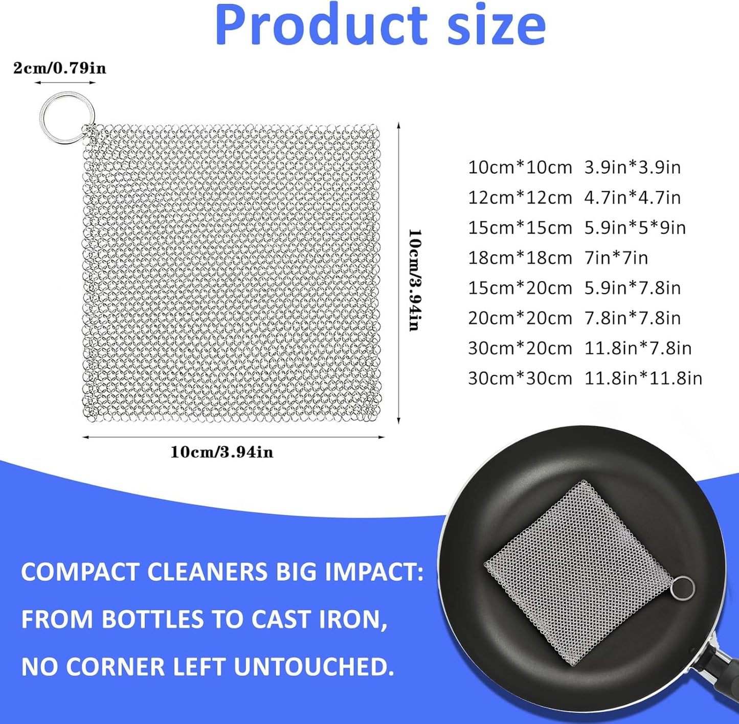 316L Stainless Steel Cast Iron Cleaner, Chainmail Scrubber,Kitchen Tool,Chain Mail Scrubber Cast Iron,for Hard Anodized Cookware, Pre-Seasoned Pans etc (12CM*12CM)