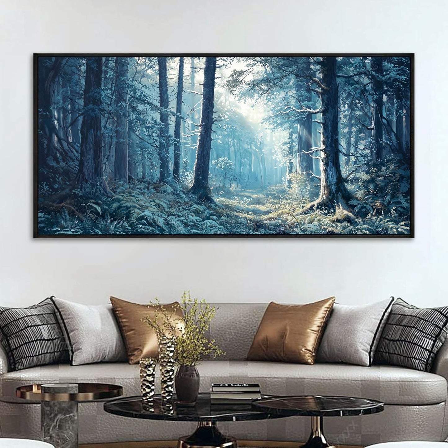 KLAKLA Large Canvas Wall Art - Forest Wall Decor Amazon Wall Art Landscape Blue Tree Picture Framed Artwork for Walls Living Room Bedroom Office - 58x29 Inches