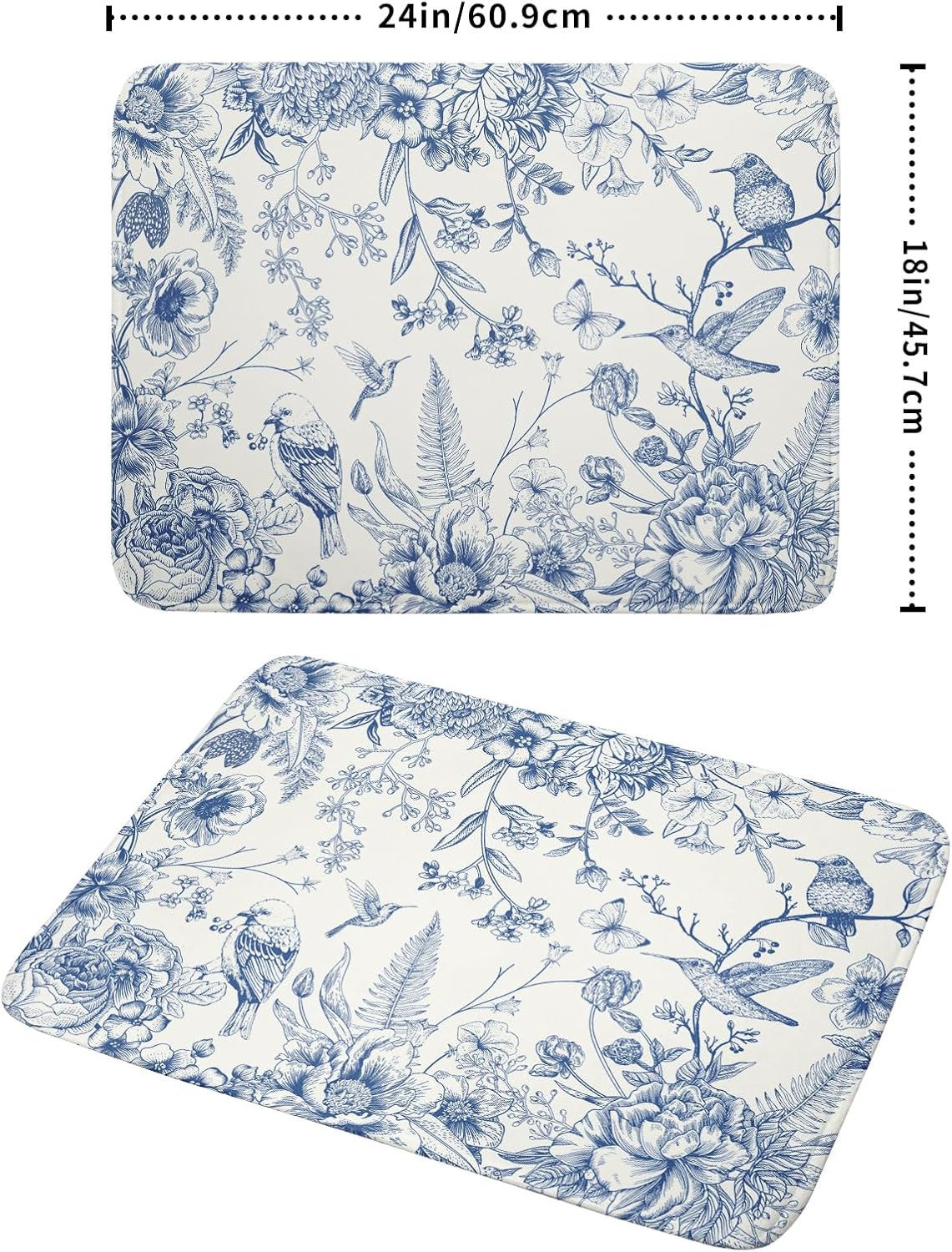 Chinoiserie Flowers Dish Drying Mat for Kitchen Counter, 18x24 Inch Vintage Blue Floral Birds Ultra Absorbent Reversible Dish Drainer Mats Plate Holder