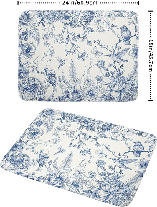 Chinoiserie Flowers Dish Drying Mat for Kitchen Counter, 18x24 Inch Vintage Blue Floral Birds Ultra Absorbent Reversible Dish Drainer Mats Plate Holder