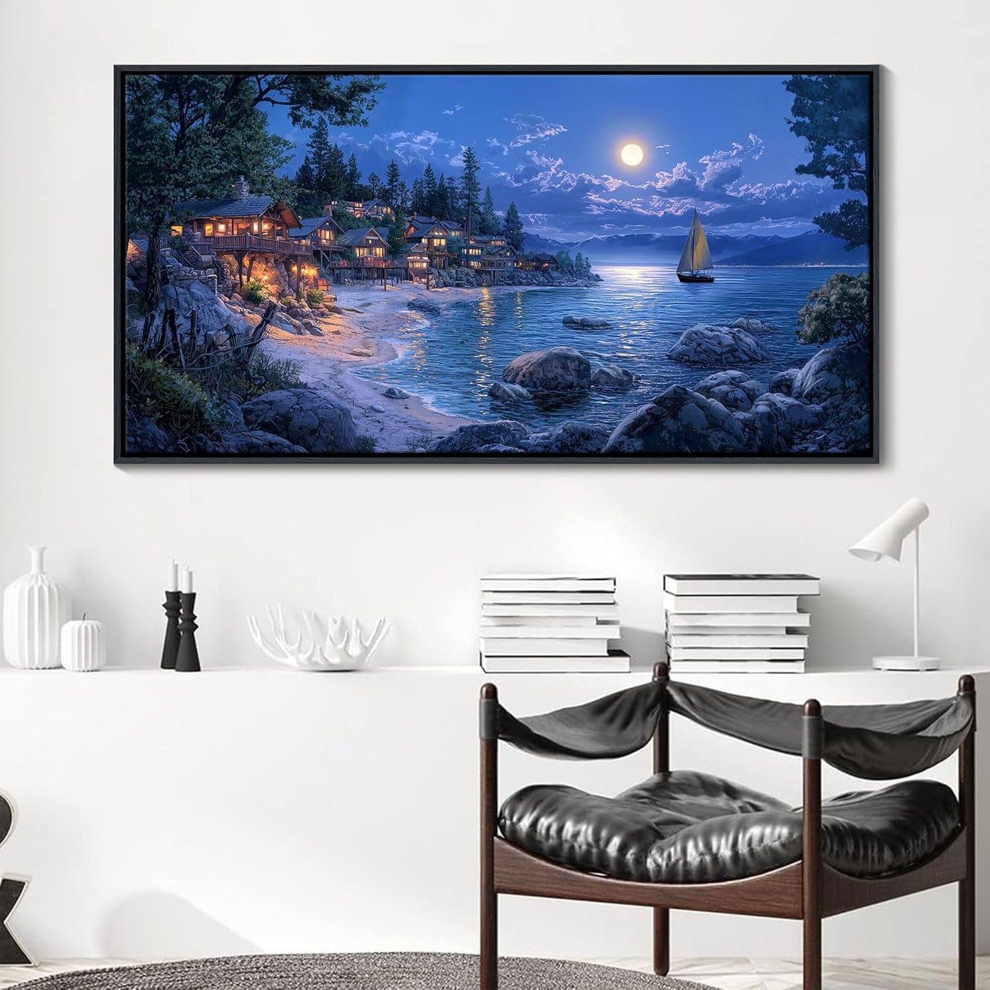 CHATYOUNG Coastal Living Room Wall Art, Large Blue Ocean Moon Night Seashore Canvas Black Framed Wall Pictures Modern Artwork Wall Painting for Bedroom Living Room Kitchen Home Office Decor 29x58 IN