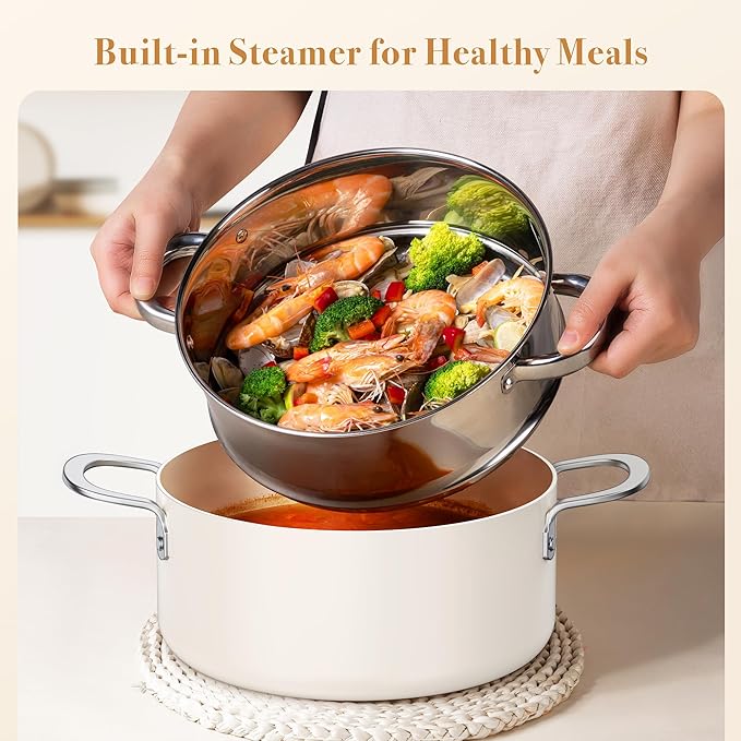 PekGema Ceramic Pots and Pans Set, 16 Pcs Cookware Set Non Toxic, Nonstick Kitchen Cookware, Oven Safe Cooking Pan Set, PFAS PTFE PFOA FREE, Cream White