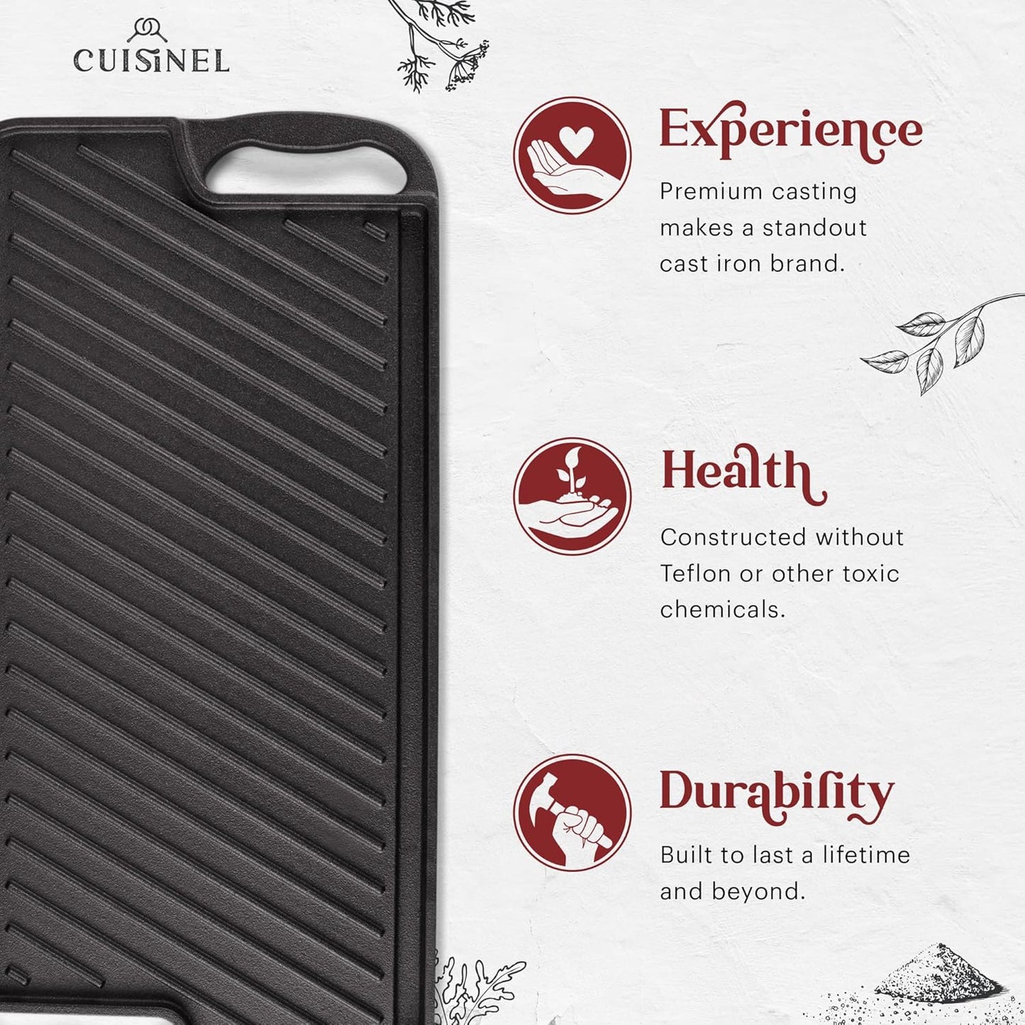 Cuisinel Cast Iron Griddle/Grill + Scraper/Cleaner - Reversible Pre-Seasoned 20" X 10"-inch Dual Handle Flat Skillet and Griller Pan + Cleaning Accessories - Use Indoor/Outdoor Stove Top Burner, Gas