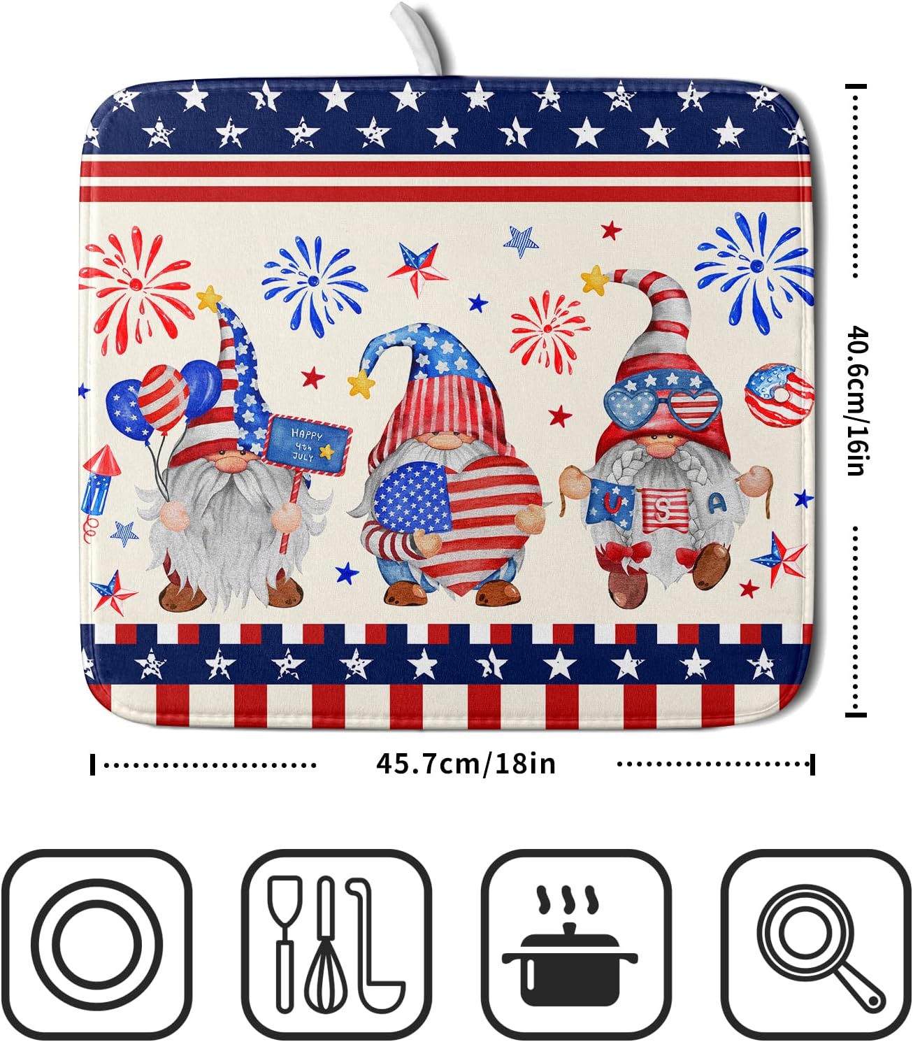 American Gnomes Dish Drying Mat 16x18 for Kitchen Counter, Patriotic Independence Day Decor, Happy 4th of July Microfiber Dishes Drainer Mats Absorbent Foldable Holiday Decor