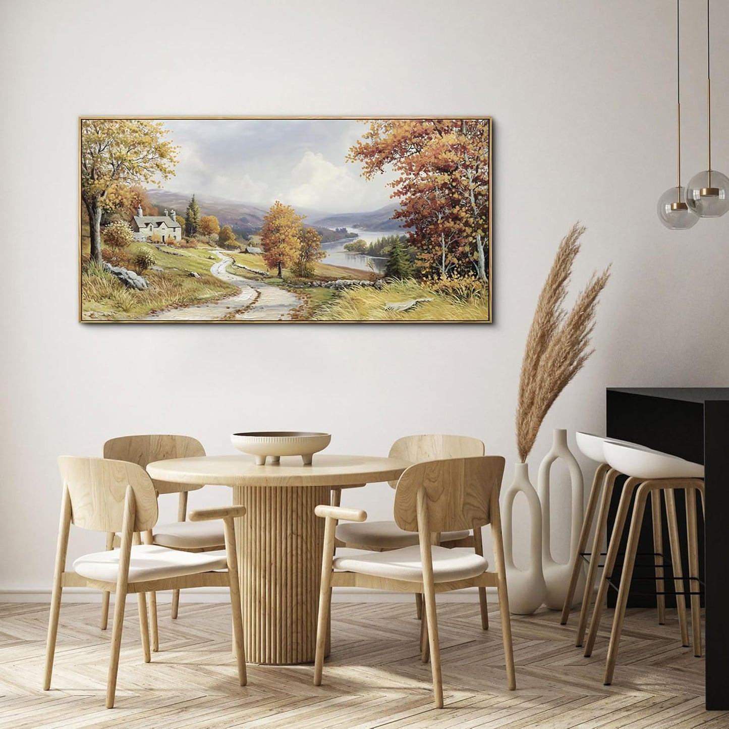 KLAKLA Landscape wall art - Autumn Rustic Field Burnt Orange Tree Landscape PictureC anvas Frame Artwork Farm Log Cabin Farm Wall Decor for Living Room Bedroom Office - 40x20 Inches