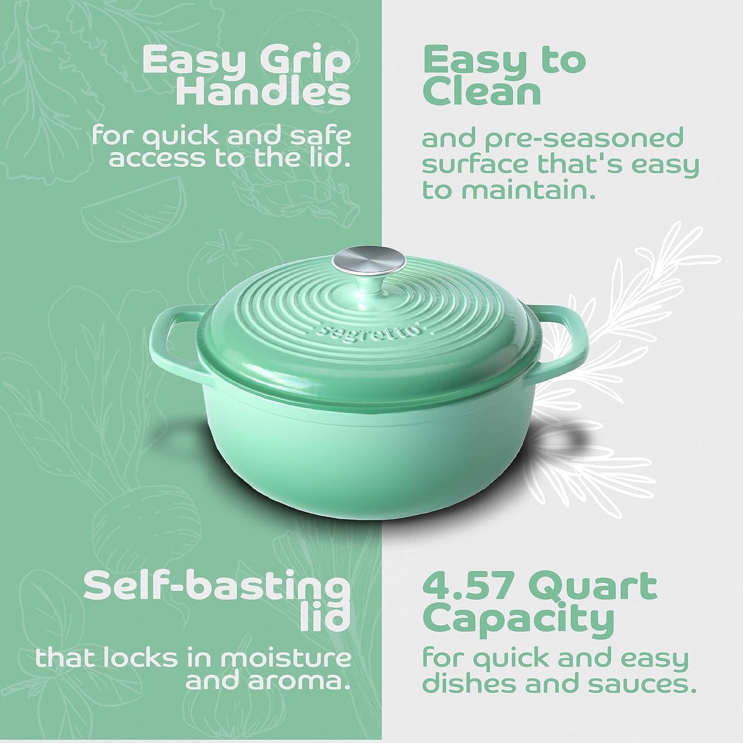 Segretto Cookware Enameled Cast Iron Dutch Oven with Handle, 4.57 Quarts, Verde Chiaro (Gradient Green) Oven Safe Dutch Oven Pot With Lid Ceramic Enamel Cast Iron Pot Cookware | Bread Oven