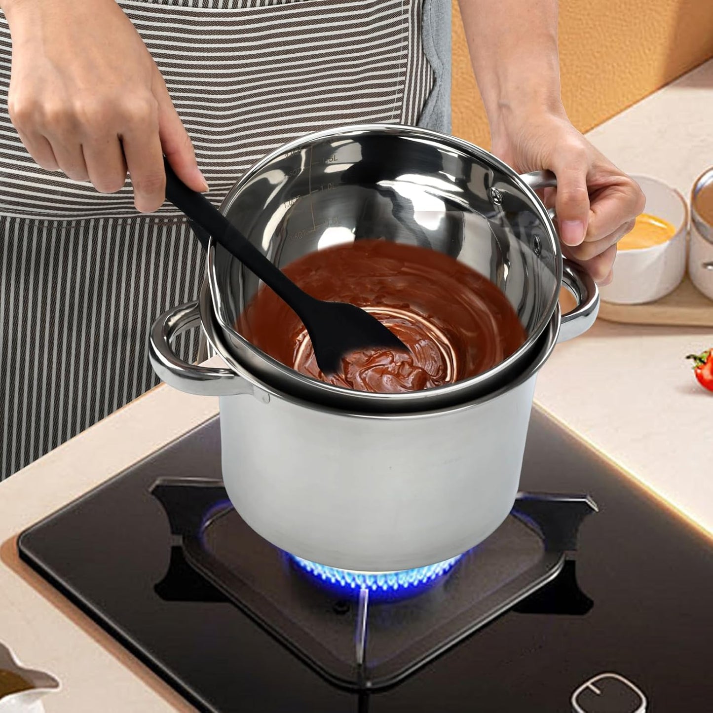 3PCS Double Boiler Pot Set, 1250ML/1.1QT Mixing Bowl with Scale 2200ML/ 2QT Stainless Steel Heating Pot with Silicone Spatula for Cheese Chocolate Candy Candle Soap Wax Melting (1250ml+2200ml)