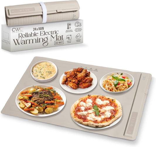 COOK WITH COLOR 350W Electric Food Warming Mat - Portable Food Warmer Tray with Adjustable Temperature, Fast 60-Second Heating, Auto Shut-Off, Rollable Silicone Pad for Parties & Everyday Use, Sand