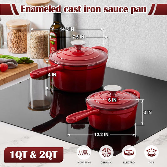 E-far Sauce Pan Set with Lid, 1Qt & 2Qt Enameled Cast Iron Pot Sets for Kitchen Cooking, Small Heavy Duty Dutch Oven Saucepans & Self-basting Lids, Induction-Ready & Easy Clean, Red