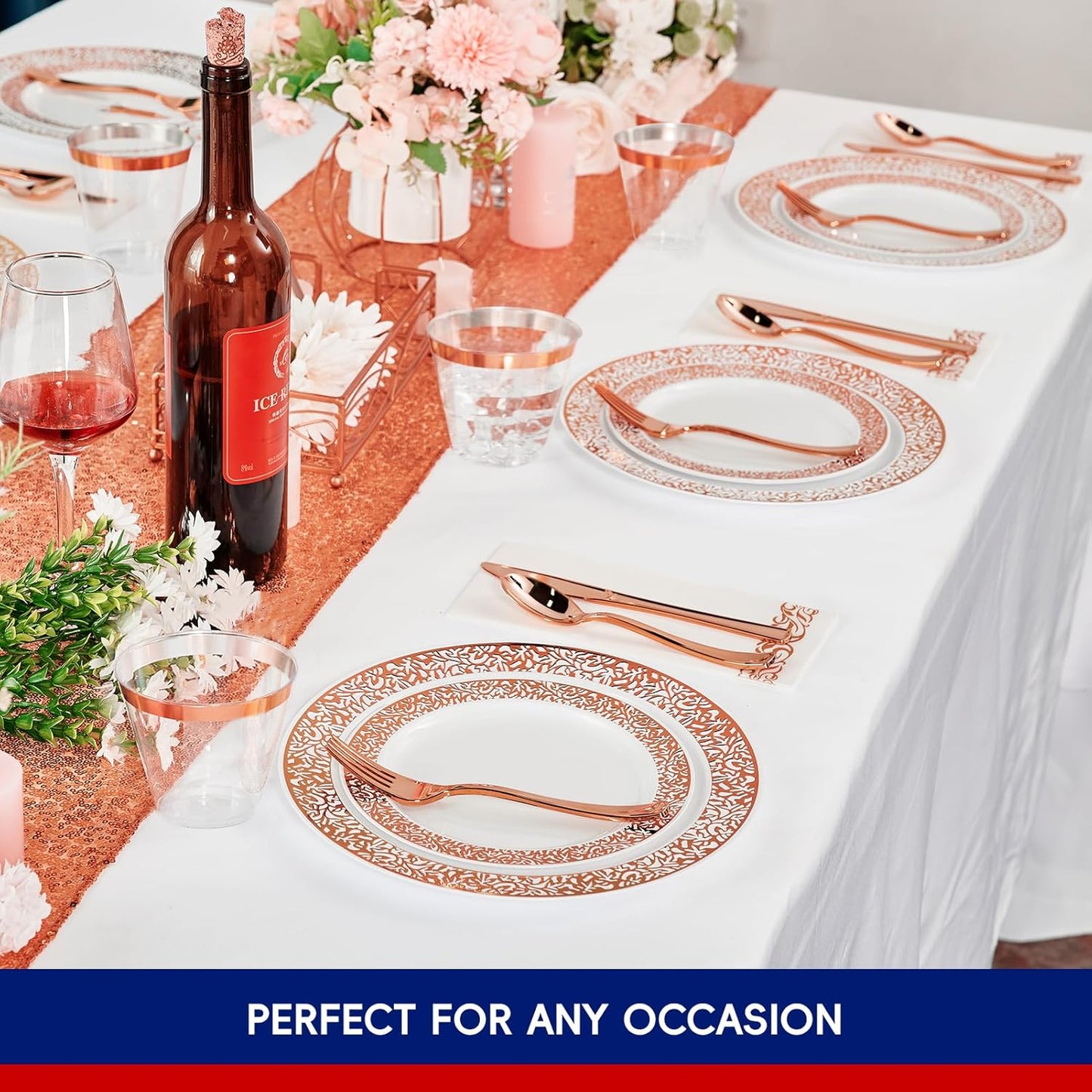 𝟮𝟭𝟬 Count Rose Gold Plastic Dinnerware Disposable Plates 30 Dinner & 30 Dessert Plates & 30 Cups & 30 Rose Gold Paper Napkins & 30 Plastic Silverware Set