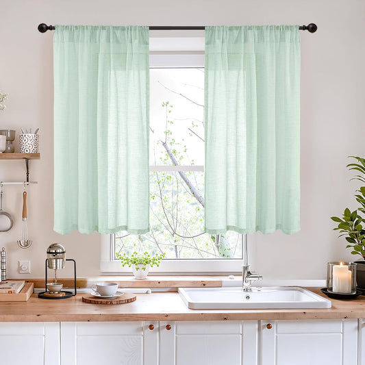 BGment 40 Inch Length Sage Green Linen Curtains for Short Window - Rod Pocket Light Filtering Drapes Natural Textured for Cafe Bedroom Decorative Lightweight Rustic, 2 Panels Set, 42 X 40 Inch