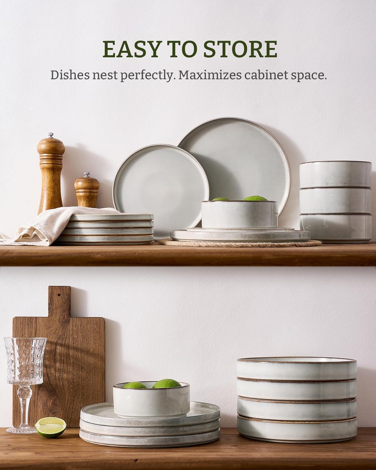 Famiware Annecy Plates and Bowls Sets, Service for 4 (16 Pieces), Dinnerware Sets with Pasta Bowls, Microwave and Dishwasher Safe Dishes Set, Chip and Scratch Resistant, Grey-White