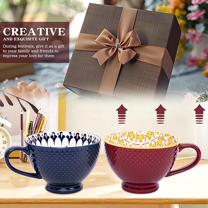 Topadorn Ceramic Coffee Mugs with Handle Set of 2, Hand-Painted Floral Pattern Ceramic Soup Mugs for Salad, Cappuccino, Cereal, Latte, Tea, Cocoa, Breakfast Oatmeal Cups(Blue & Red)