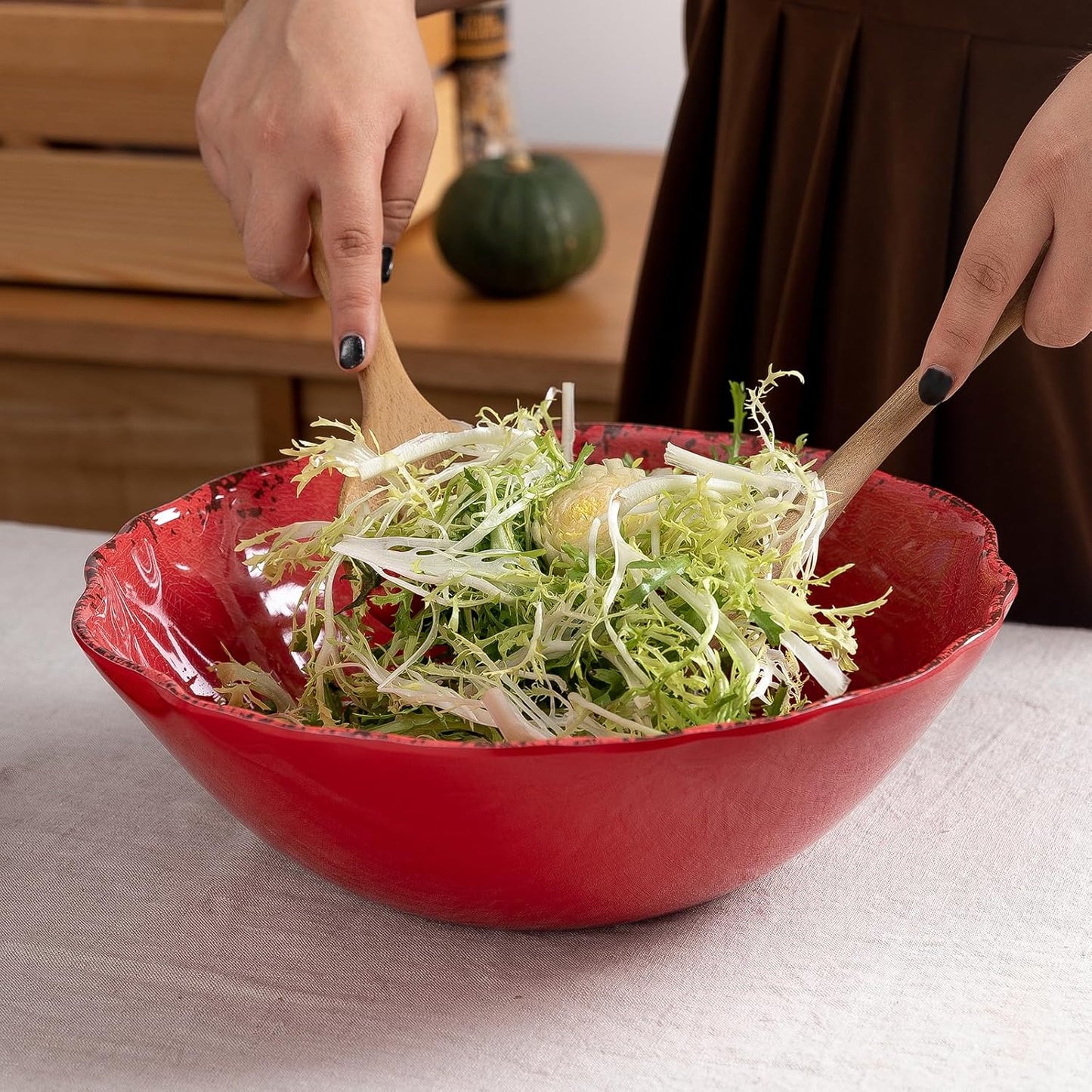 LEHAHA Rustic Crackle Melamine Serving Bowls, 130 OZ and 12 inches Waved Rim Salad Bowl,Unbreakable Pasta Bowls and Mixing Bowls, Set of 2, Pefect for Christmas and All Festivals