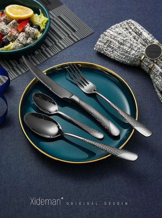 16-Piece Modern Black Hammered Silverware Set with Ultra Sharp 2-IN-1 Serrated Knives, 18/10 Stainless Steel Flatware Set, Titanium Plated Cutlery Set Service for 4, Dishwasher Safe
