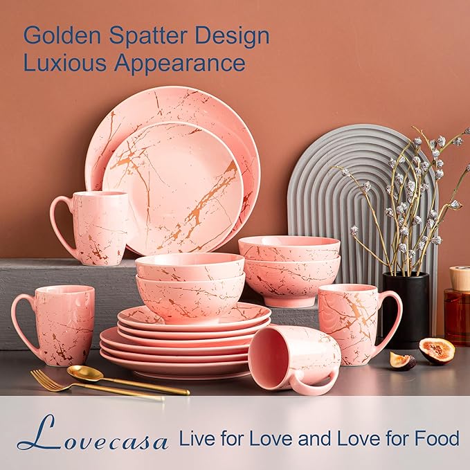 LOVECASA Pink Dinnerware Set for 4, 16 Piece Porcelain Dish With Plates, Bowls and Mugs, Gold Splash Glaze Round Modern Ceramic Dinner Set, Dishwasher Microwave Safe