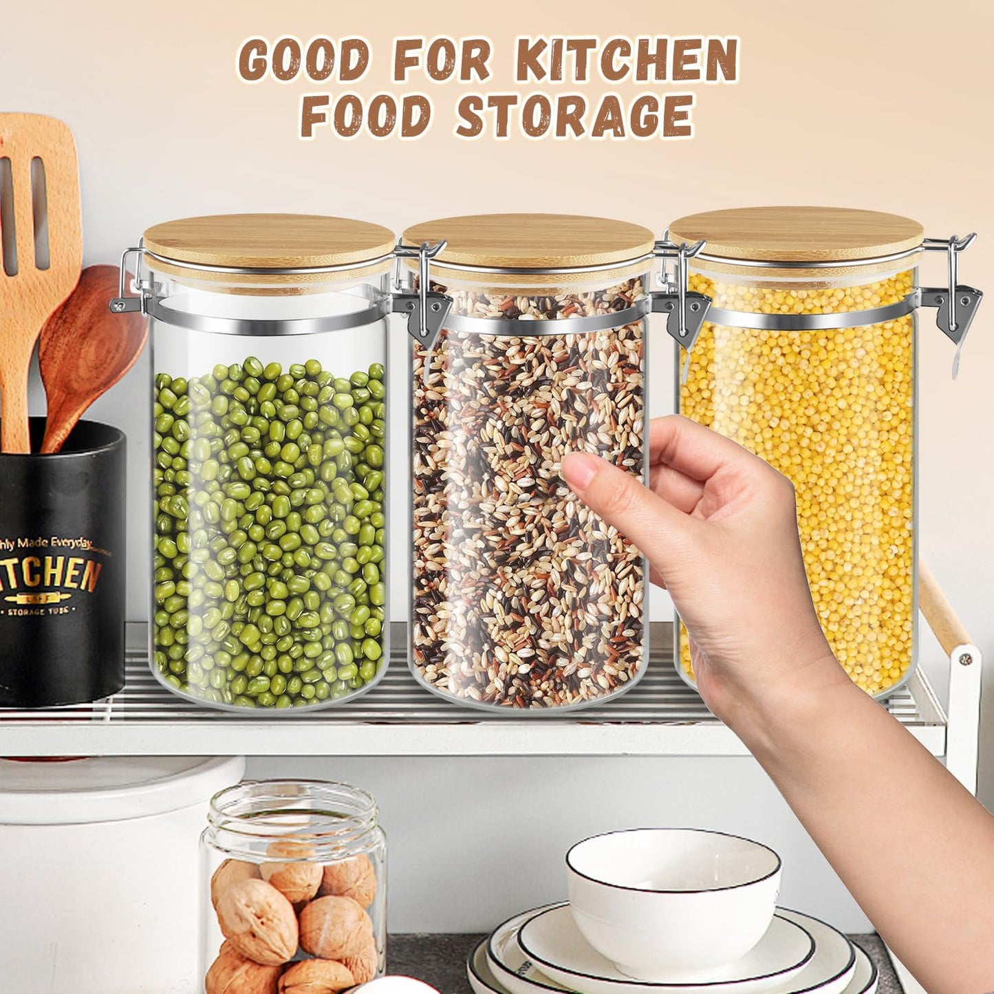 Set Of 2 Glass Jar With Bamboo Lids Empty Food Storage Jars With Locking Clamp Kitchen Canisters Glass Sealed Jar Container For Coffee Beans Sugar Tea Spices And More (1250ml/41.7oz)