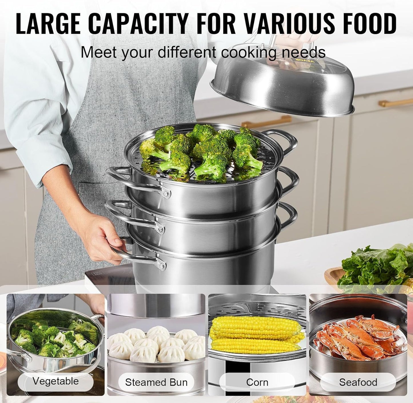 VEVOR Steamer Pot 11.8in/30cm, 5 Tier Steamer Pot for Cooking with 10QT Stock Pot, 3 Vegetable Steamers & 2 Steaming Trays, Food-Grade 304 Stainless Steel Food Steamer Cookware for Gas Electric Stove