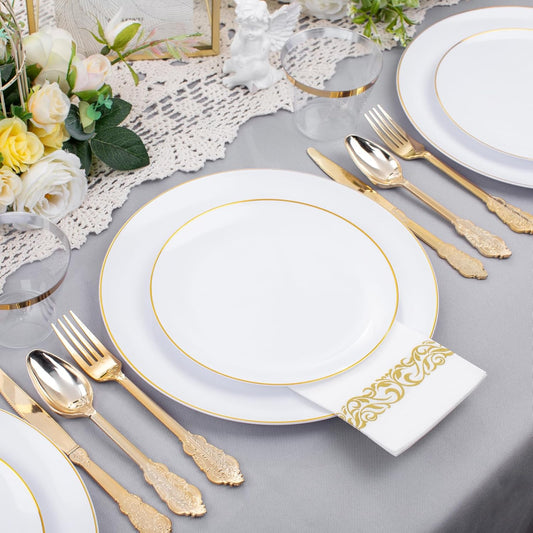 DaYammi 700 PCS Gold Plastic Dinnerware Sets, Includes: 100 Gold Rim Dinner Plates, 100 Salad Plates, 100 Paper Napkins,100 Cups 9 OZ, 100 Plastic Silverware Set, Perfect for Party