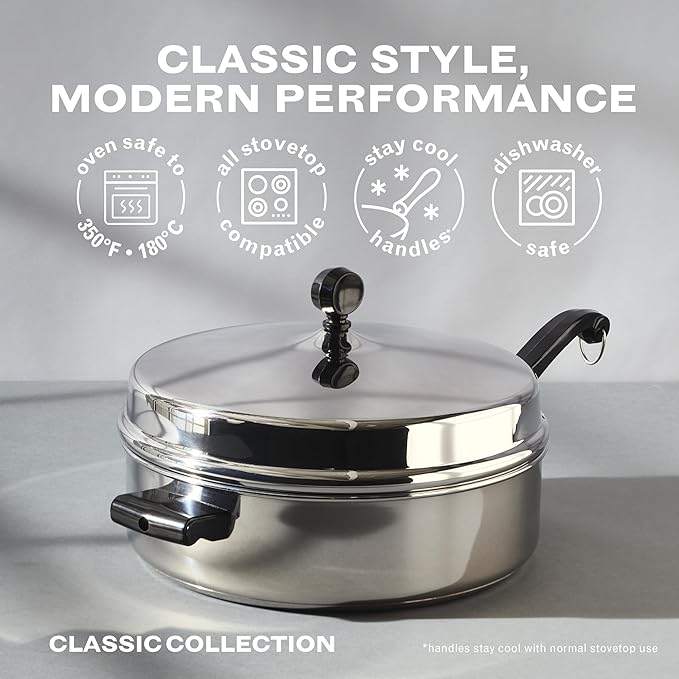 Farberware Classic Series Anniversary Edition Stainless Steel Sauté Pan and Lid with Helper Handle, Induction Suitable, 6 Quart Jumbo Cooker, Metal Utensil Safe - Stainless Steel