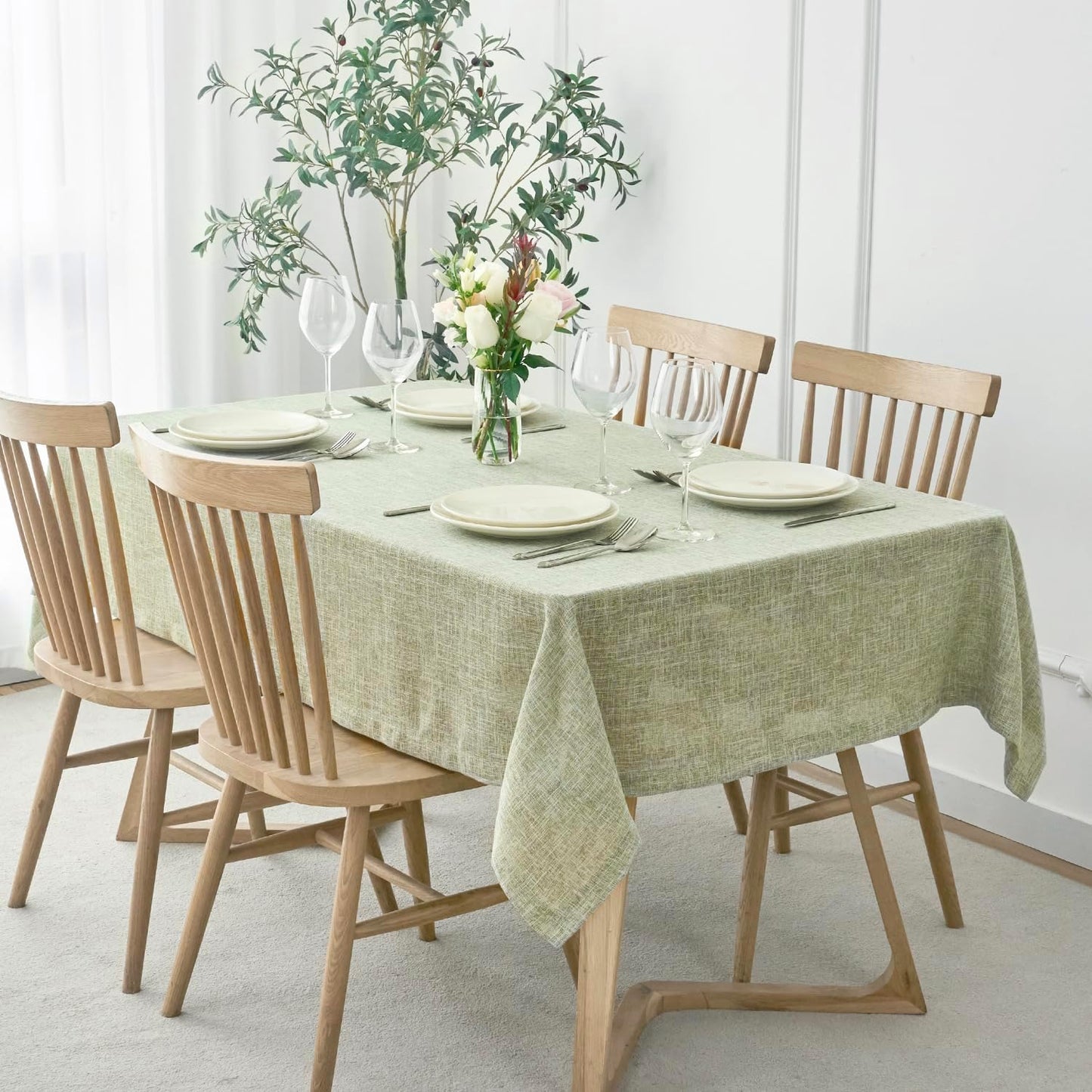 maxmill Flaxy Faux Linen Table Cloth with 2-Tone Slubby Texture Wrinkle Resistant Anti-Shrink Soft Tablecloth for Kitchen Dining Tabletop for Buffet Banquet Parties Rectangle 52 x 70 Inch Sage