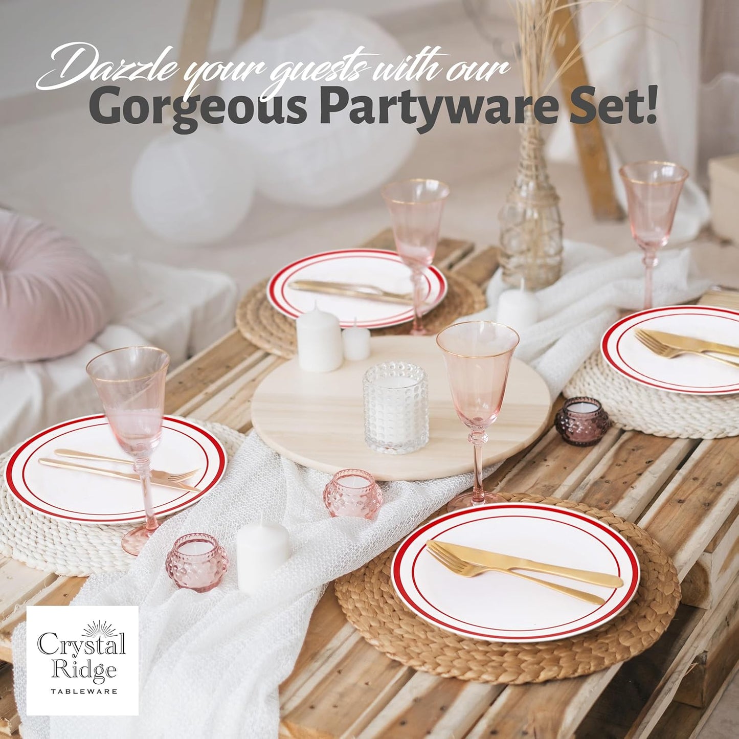 60 Pieces White Plastic Disposable Plates - Premium Heavy-Duty 30 Dinner Plates & 30 Salad Plates with Red Rim Ideal for Party, Birthday and Special Events