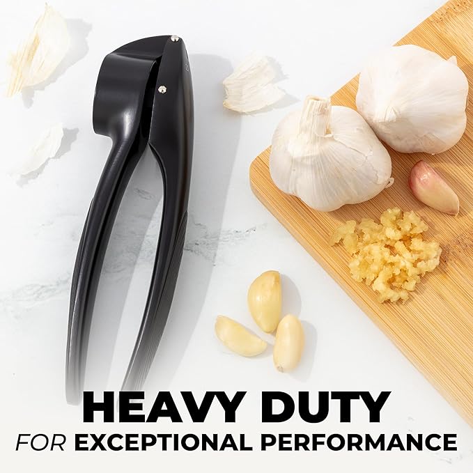 Zulay Kitchen Premium Garlic Press Set – Rust Proof & Dishwasher Safe Garlic Mincer Tool with Silicone Garlic Peeler & Brush, Easy Squeeze & Clean, Ergonomic Soft Grip Handle - Medium – Black