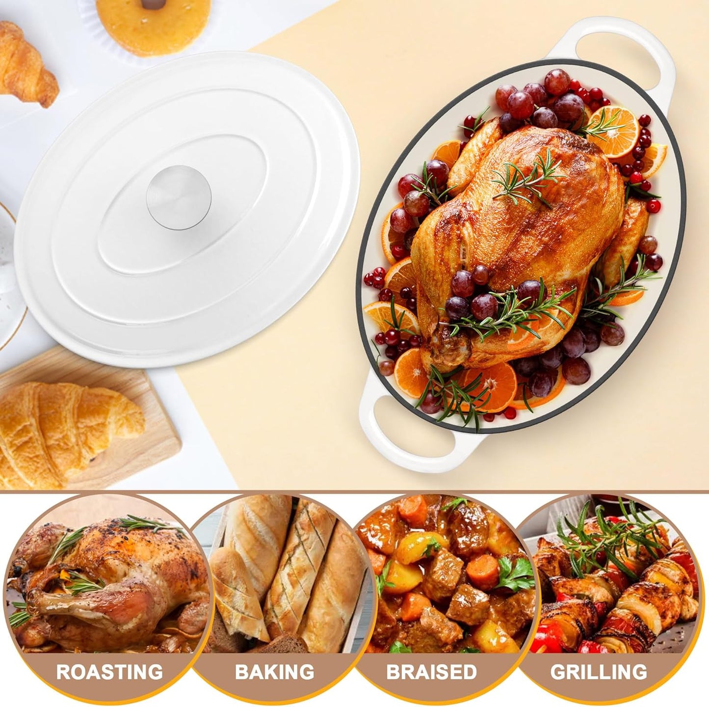 E-far 7QT Oval Dutch Oven Pot with Lid, Enameled Cast Iron Dutch Oven with Dual Handles for Sourdough Bread Baking Cooking, Nonstick Enamel Coated Cookware(White), Non-Toxic & Easy Clean