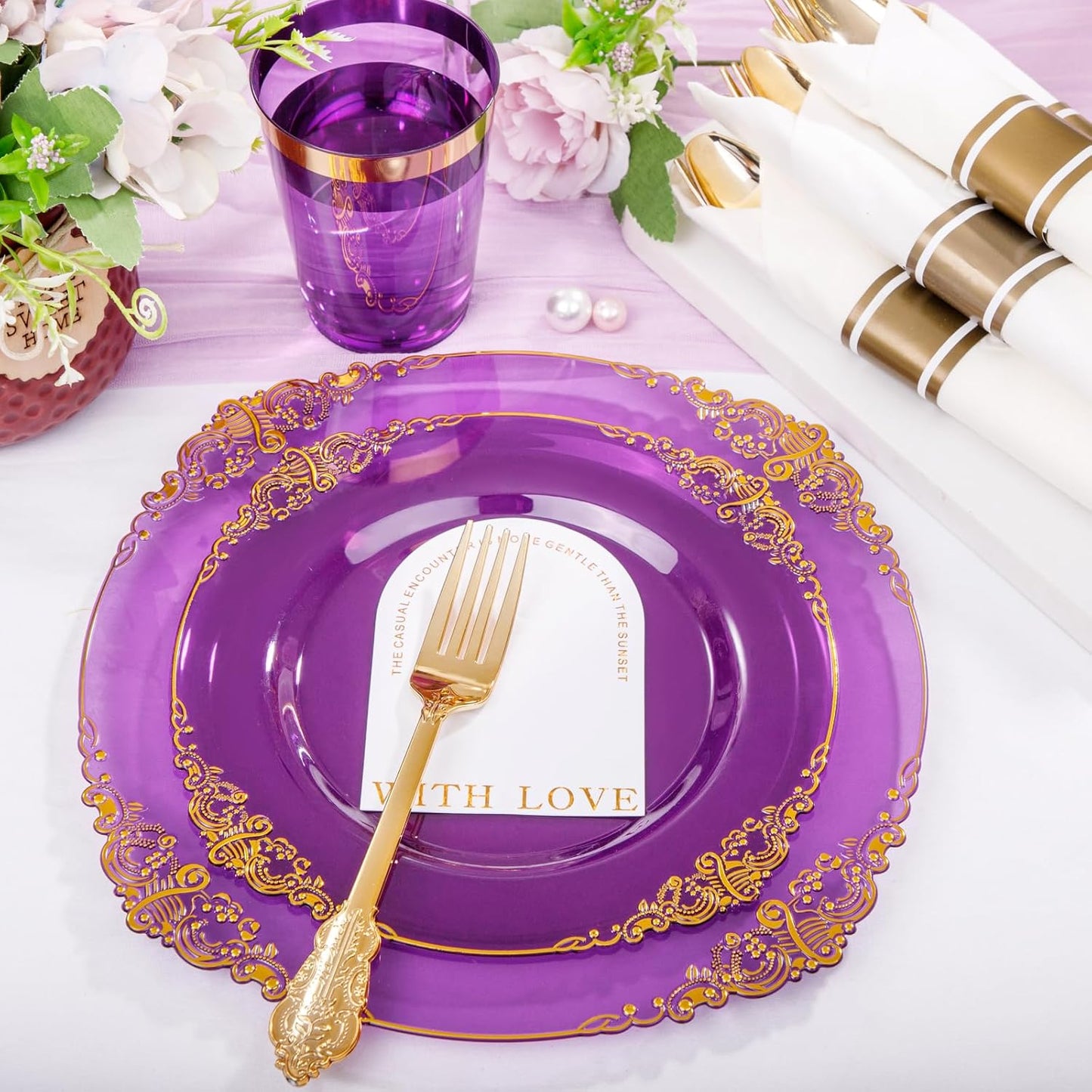 Hioasis 210pcs Purple and Gold Plastic Plates - Elegant Disposable Dinnerware Set Suitable for 30 Guests Include 10.25 Dinner & 7.5 Dessert Plates, Pre Rolled Silverware Set, Cups for Party & Wedding
