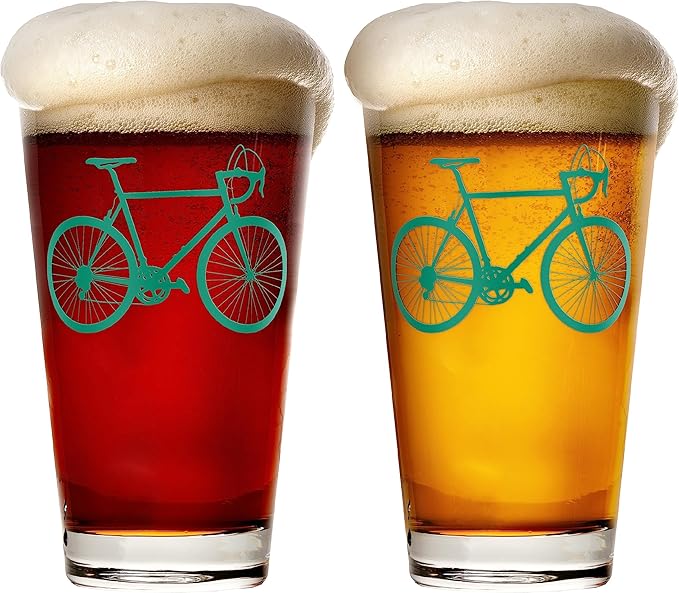 Greenline Goods - Bicycle Beer Glasses (Set of 2) |16 oz Drinkware with Colorful Cyclist Designs | Premium Decorative Glassware | Unique Gifts for Cyclists & Bike Riders [Green]