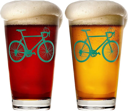 Greenline Goods - Bicycle Beer Glasses (Set of 2) |16 oz Drinkware with Colorful Cyclist Designs | Premium Decorative Glassware | Unique Gifts for Cyclists & Bike Riders [Green]