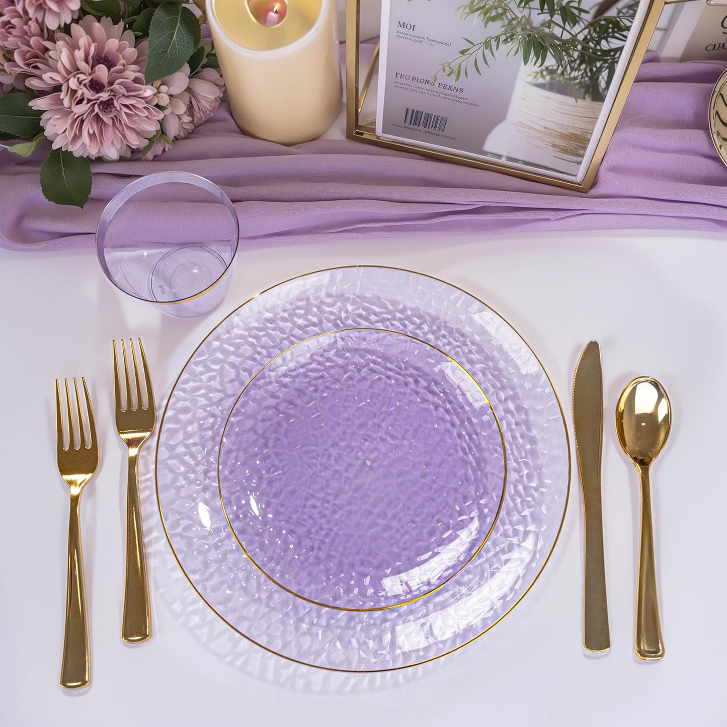 DaYammi 350 Pcs Clear Purple Gold Plastic Plates, Hammered Disposable Dinnerware, Clear Purple Plates Set Include 100 Plastic Platos, 150 Gold Disposable Silverware, 50 Cups And 50 Napkins for Party