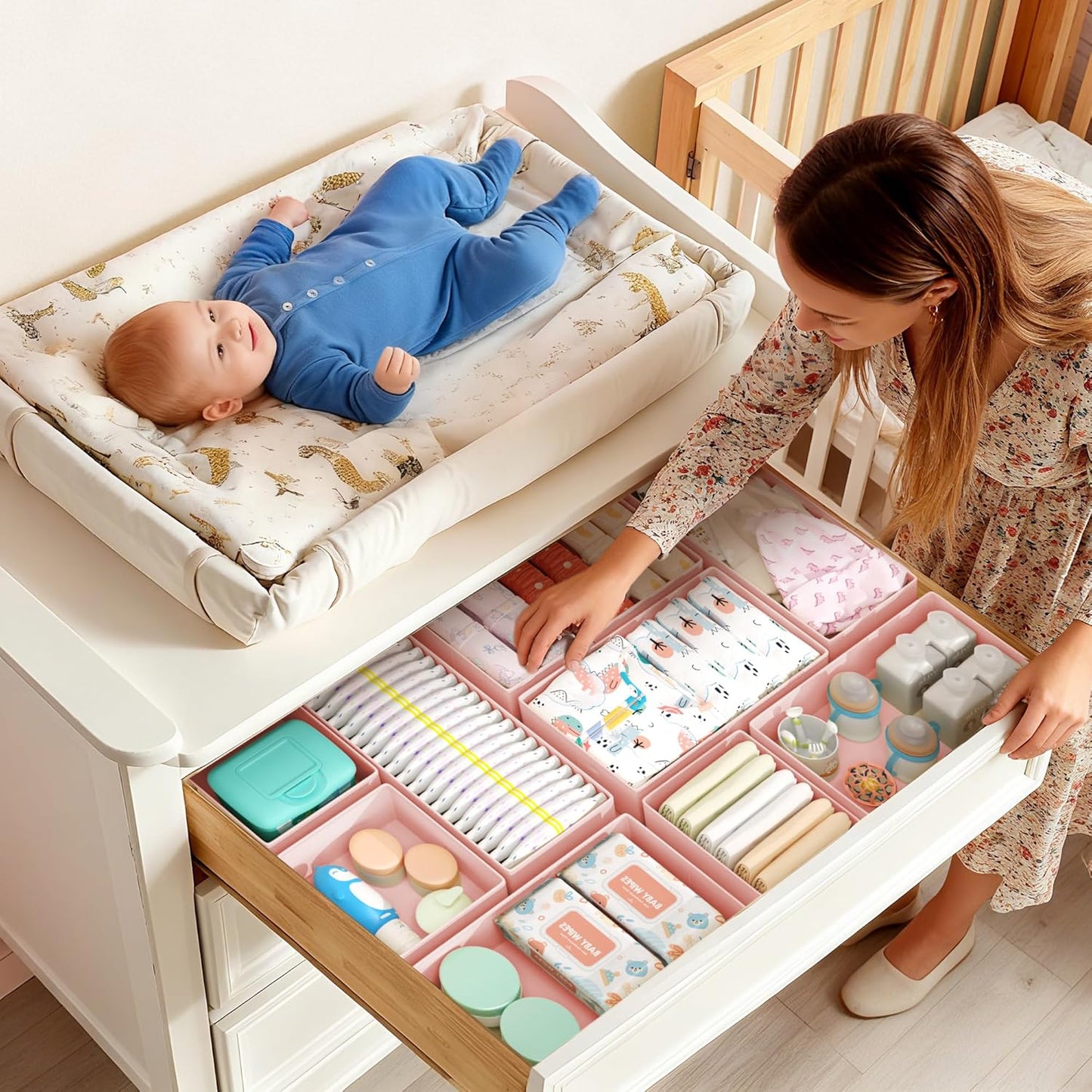 DIMJ Drawer Organizer Clothes Storage - 16 Pack Baby Dresser Organizer for Nursery, Foldable Drawer Dividers for Bedroom Closet Organization, Fabric Storage Bins for Socks, Underwears, Bras