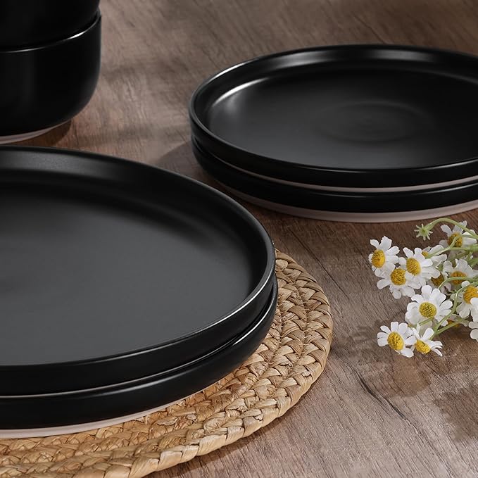 HaWare Stoneware Dinnerware Sets, 12-Piece Plates and Bowls Set for 4, Dishes Set for Home Restaurant, Frosting Black
