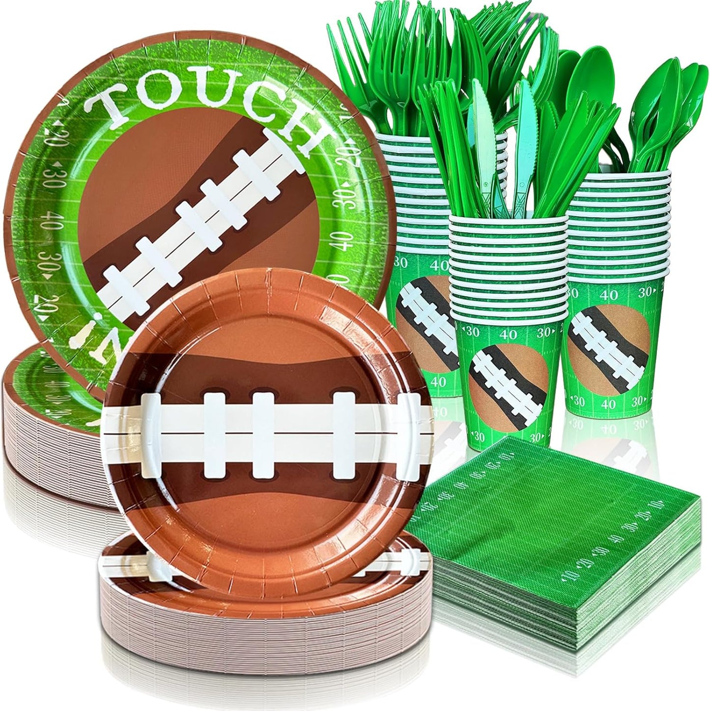 175 PCS Football Party Decorations, Plates and Napkins Sets Includes Plates Dessert Napkins Cups Plastic Knives Forks Spoons Disposable Dinnerware Set For Football Party (25 Guest)