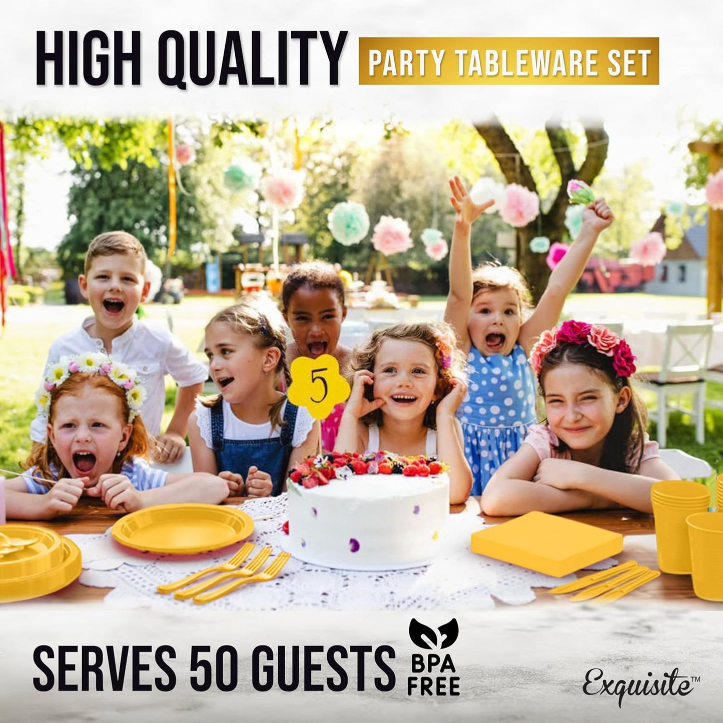 Party Solids 350 Pieces Yellow Plastic Plates For Party, Yellow Disposable Plates Set, 50 Of Each 9" Dinner Plate Set, 7" Dessert Plate, Cups, Napkins & Cutlery Plastic Dinnerware