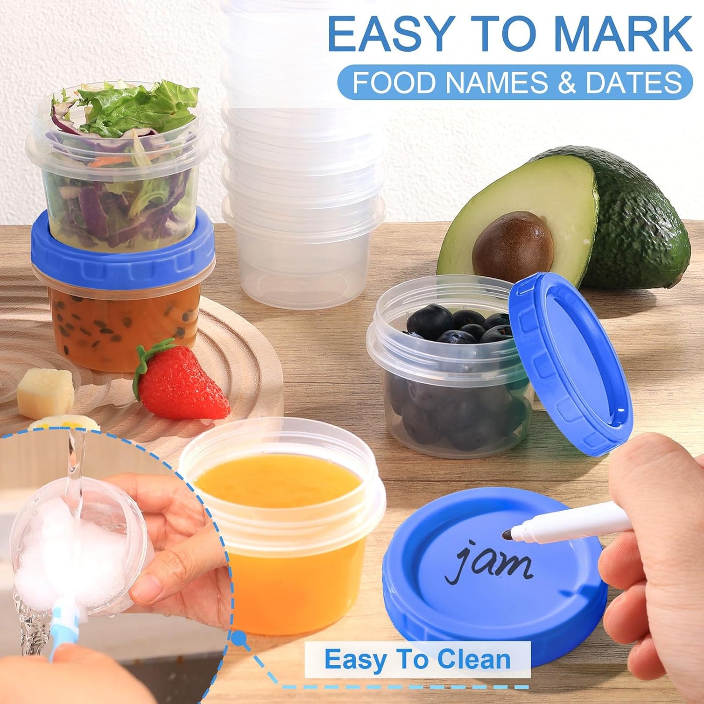 12 Pcs 4 oz Plastic Containers with Screw Lids, Reusable 1/2 Cup Small Food Storage Containers, Airtight Freezer Containers, Microwave & Dishwasher Safe, with Pen and Brush
