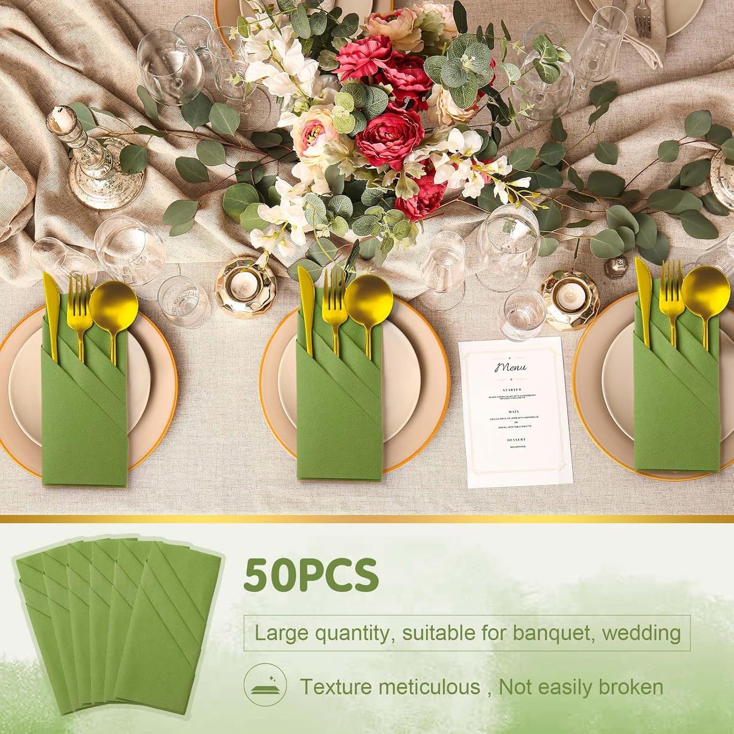 Qilery 50 Pcs Paper Linen Napkins Disposable Airlaid Paper Prefolded Dinner Napkins with Built in Flatware Pocket for Silverware Valentine Wedding Party Christmas Day (Green)