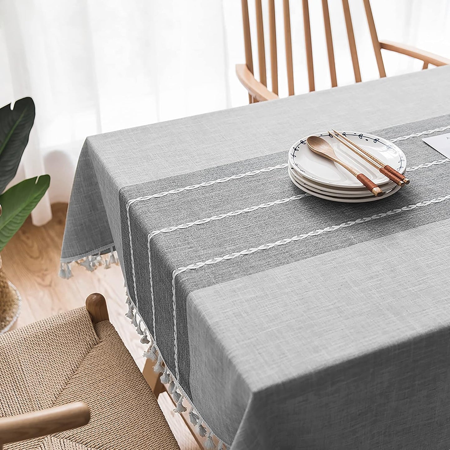 Oubonun Cotton Linen Rectangular Tablecloth - Wrinkle Resistant & Waterproof - Machine Washable Table Cloth with Tassels for Kitchen & Dining, 55''x120'', 10-12 Seats