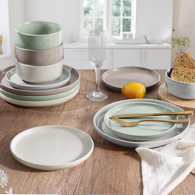 HaWare Stoneware Dinnerware Sets, 12-Piece Plates and Bowls Set for 4, Dishes Set for Home Restaurant, Speckled Multicolor