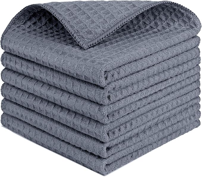 HOMEXCEL Waffle Weave Microfiber Cleaning Cloth, 6 Pack Highly Absorbent Cleaning Rag for Household, Reusable Kitchen Towels, Scratch-Free Barista Towels, 12 x 12 Inches, Grey