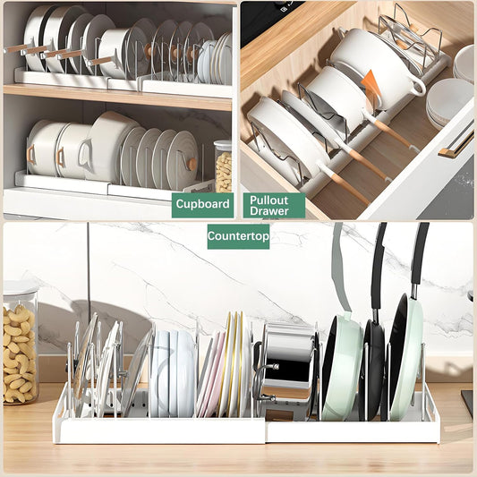 Pot and Pan Organizer, Expandable Pots and Pans Organizer Under Cabinet, Pot Lid Holder with 10 Adjustable Compartment for Bakeware, Cutting Boards, Lid, Dishes, Cookware (1 Pcs)