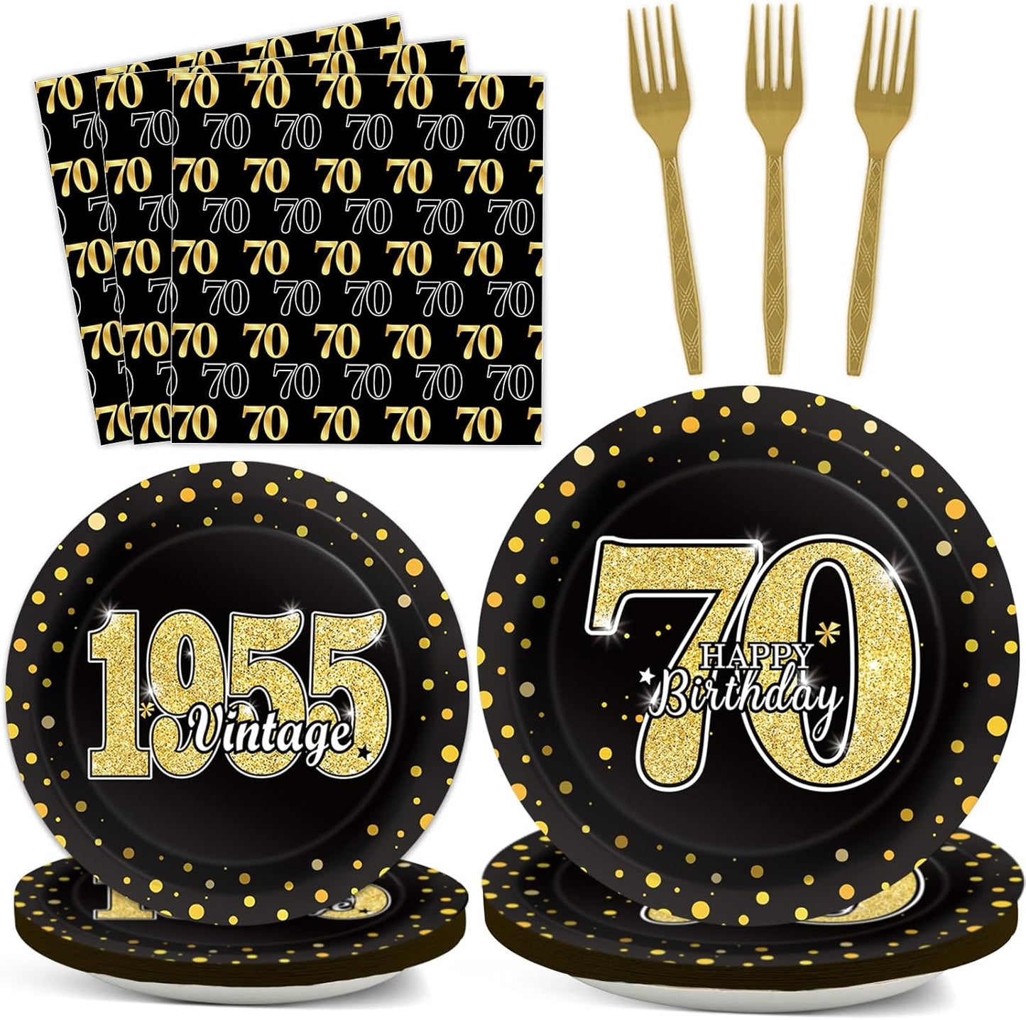 200PCS 70th Theme Birthday Party Tableware Vintage 1955 Party Supplies 70 year old Birthday Party Decorations Plates Napkins Forks Black and Gold Dinnerware Favors for Men or Women