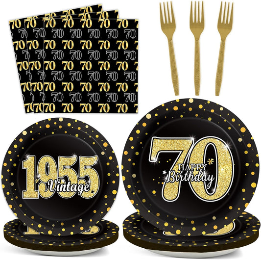 200PCS 70th Theme Birthday Party Tableware Vintage 1955 Party Supplies 70 year old Birthday Party Decorations Plates Napkins Forks Black and Gold Dinnerware Favors for Men or Women