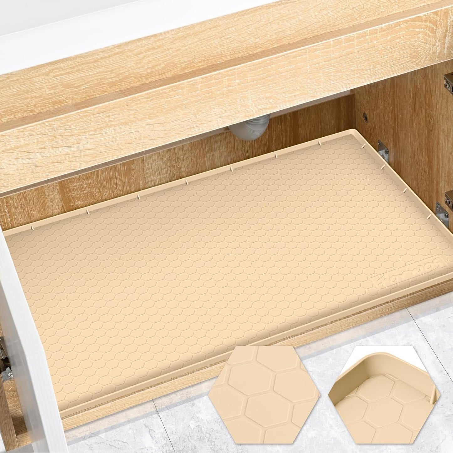 Waterproof Under Sink Mat 31" x 22", Silicone Cabinet Liner, Rubber Protector for Kitchen and Bathroom, Keeps Cabinets Clean, Dry, and Organized (Beige)