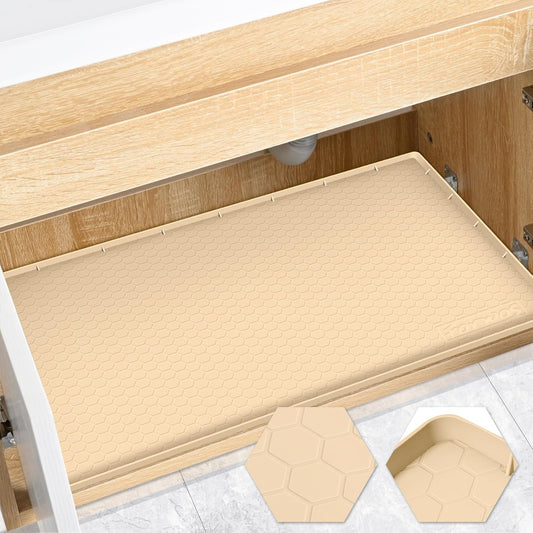 Waterproof Under Sink Mat 34" x 19", Silicone Cabinet Liner, Rubber Protector for Kitchen and Bathroom, Keeps Cabinets Clean, Dry, and Organized (Beige)
