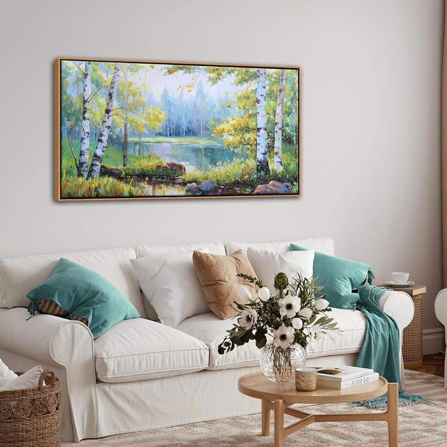 YCPRIMER Forest Wall Art - Birch Tree Canvas Wall Decor Green Trees Picture for Living Room Lake Forest Landscape Painting Home Bedroom Decoration Green and White Framed Artwork Decor 24×48IN