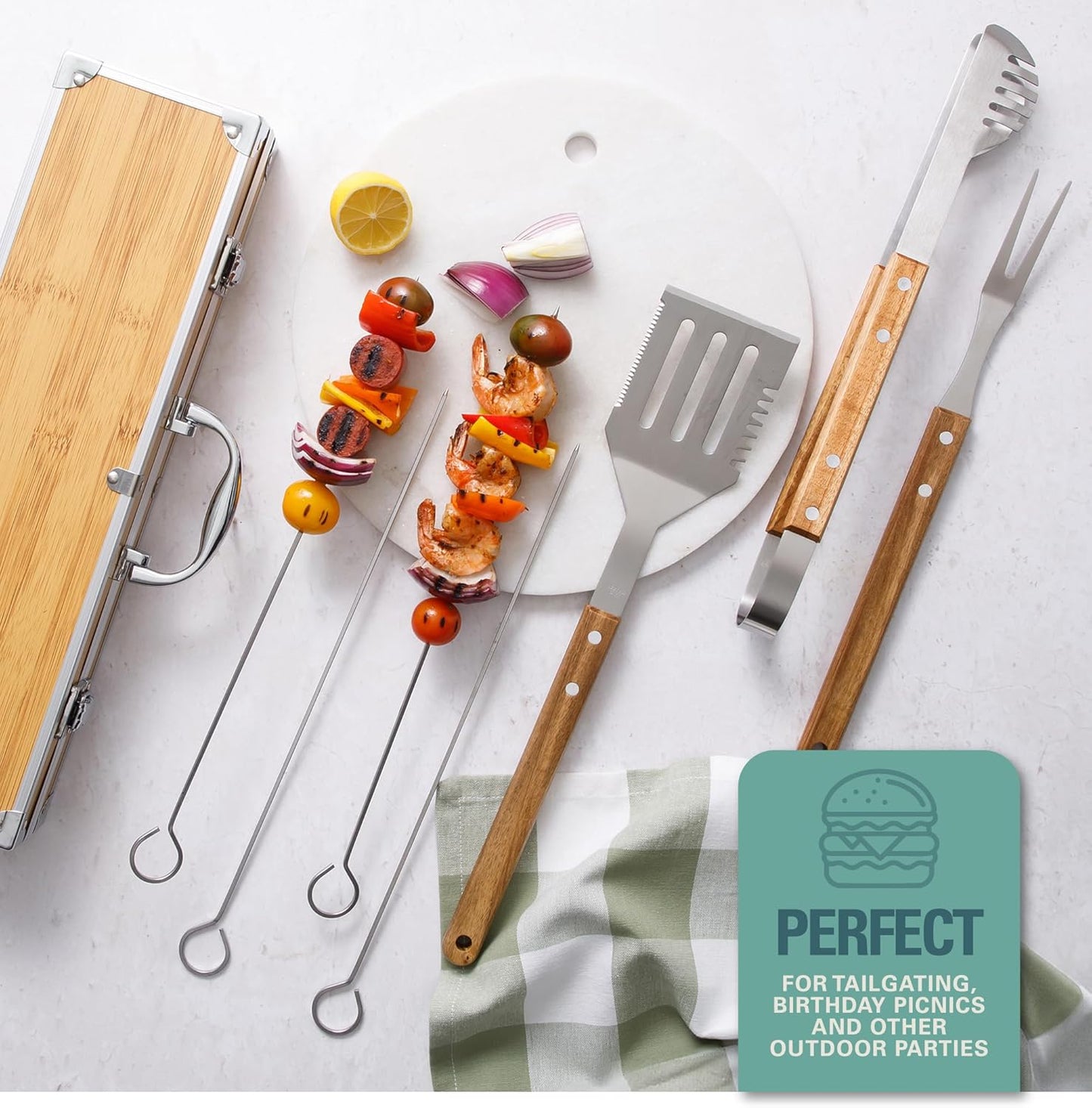 Gibson Home Barbeque Pro 8-Piece BBQ Tool Set with Acacia Wood Handles and Aluminum Storage Case – Grill Accessories Kit