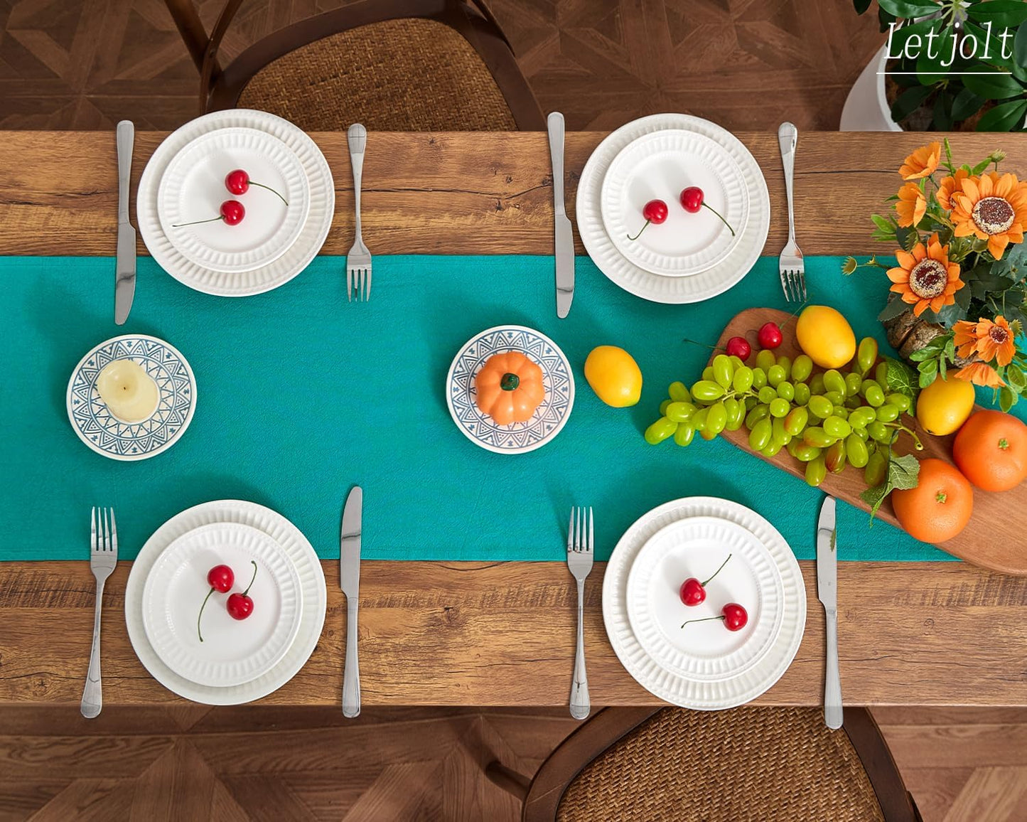 Letjolt Teal Table Runner 72 Inches Rustic Farmhouse Table Runner Cotton Runner Plain Table Decor